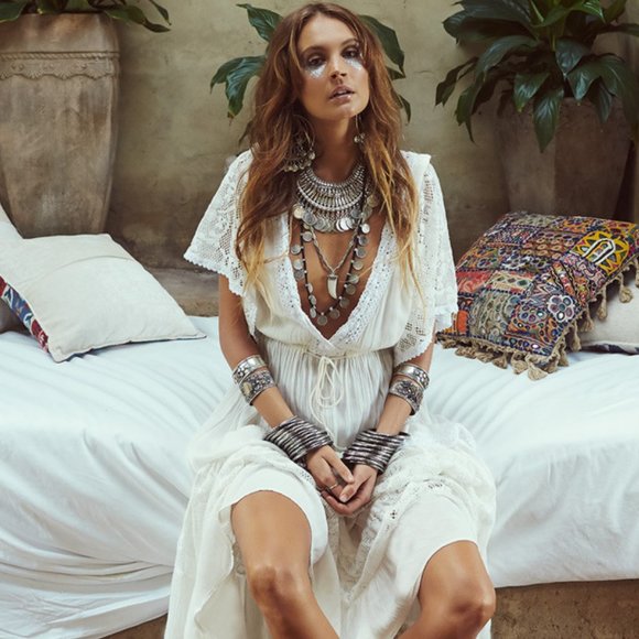 New Boho White Lace Maxi Beach Dress Cover-Up - Picture 2 of 8